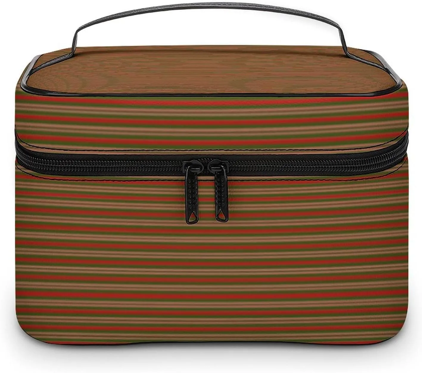Leather Cosmetic Case, Red Candy Green Stripes Portable Makeup Bag Organizer Large Capacity Travel Toiletry Bag with Zipper