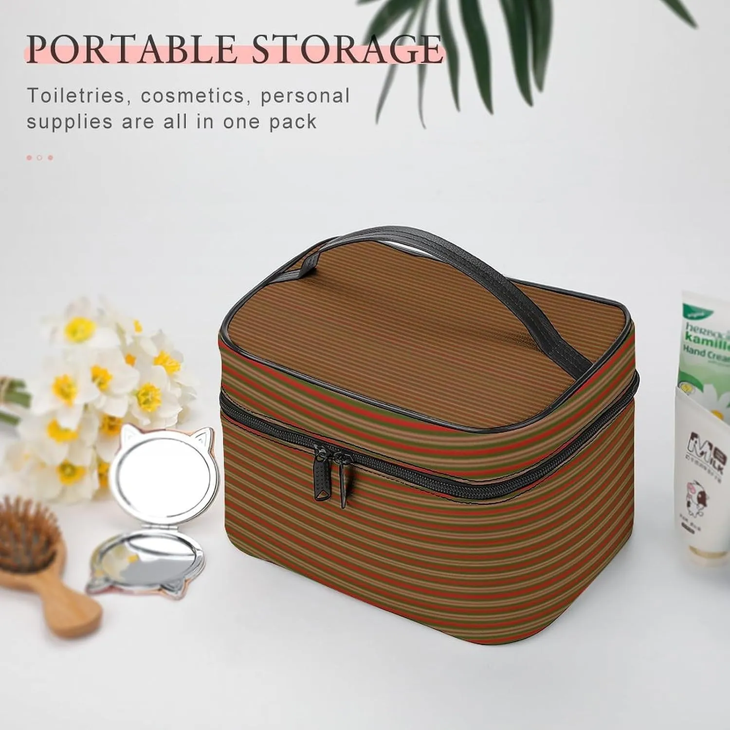 Leather Cosmetic Case, Red Candy Green Stripes Portable Makeup Bag Organizer Large Capacity Travel Toiletry Bag with Zipper