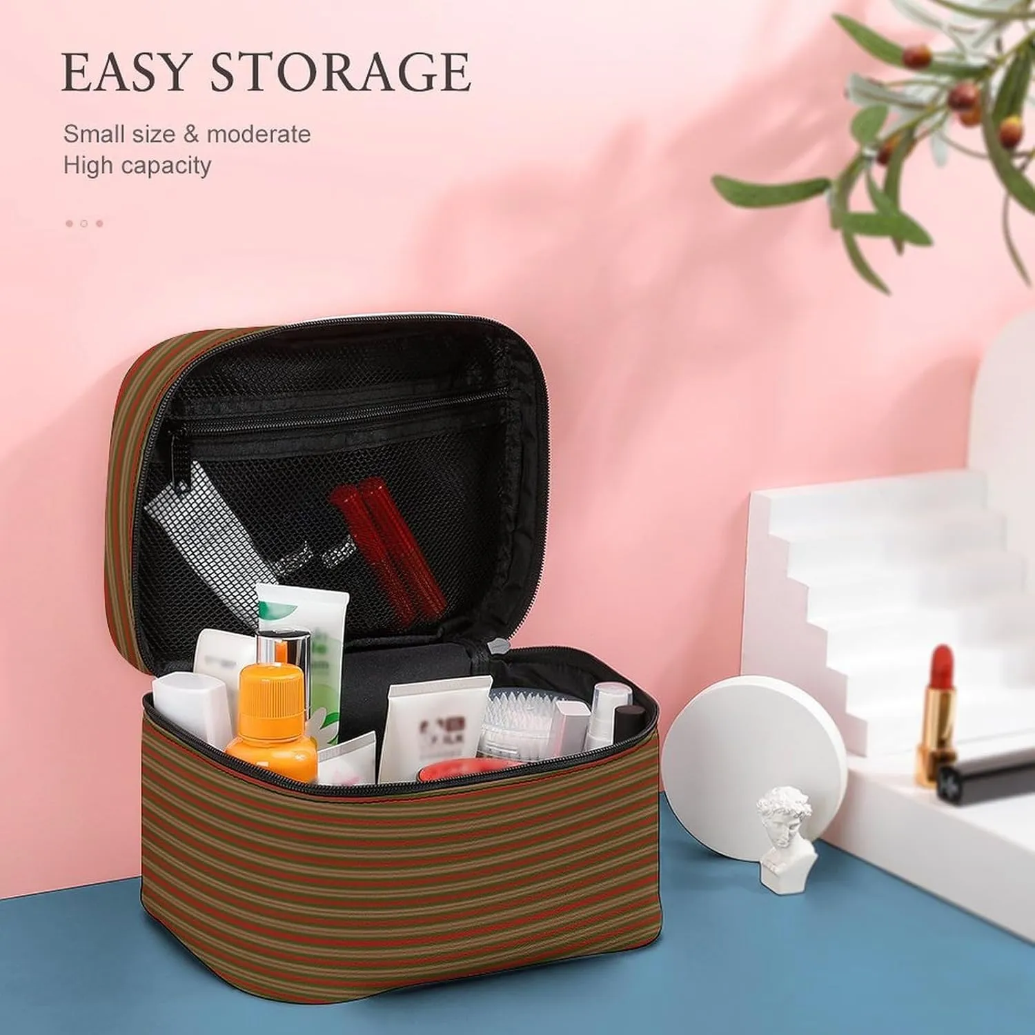 Leather Cosmetic Case, Red Candy Green Stripes Portable Makeup Bag Organizer Large Capacity Travel Toiletry Bag with Zipper