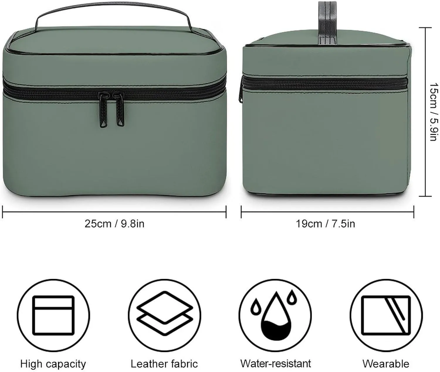 Leather Cosmetic Case, Sage Green Portable Makeup Bag Organizer Large Capacity Travel Toiletry Bag with Zipper