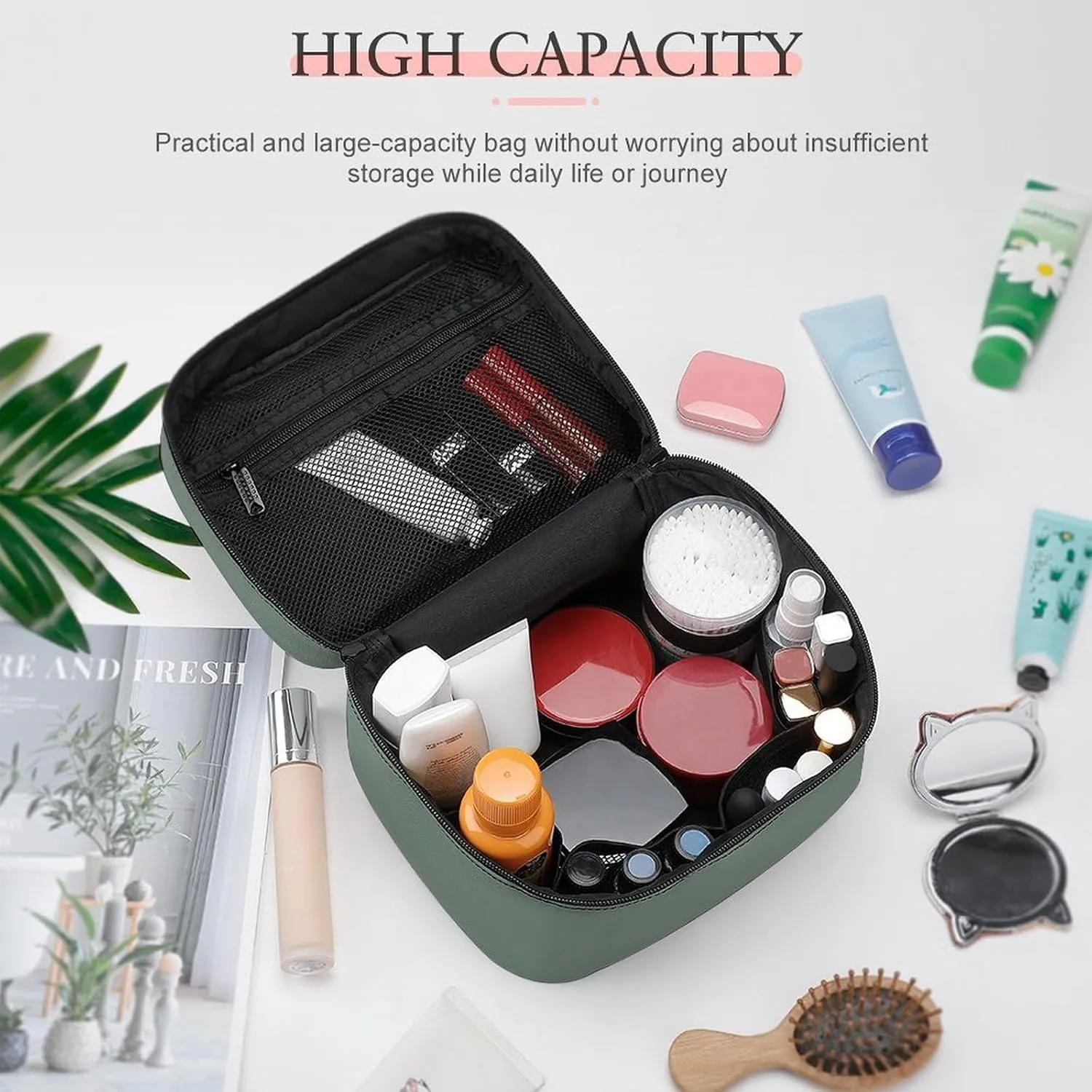Leather Cosmetic Case, Sage Green Portable Makeup Bag Organizer Large Capacity Travel Toiletry Bag with Zipper