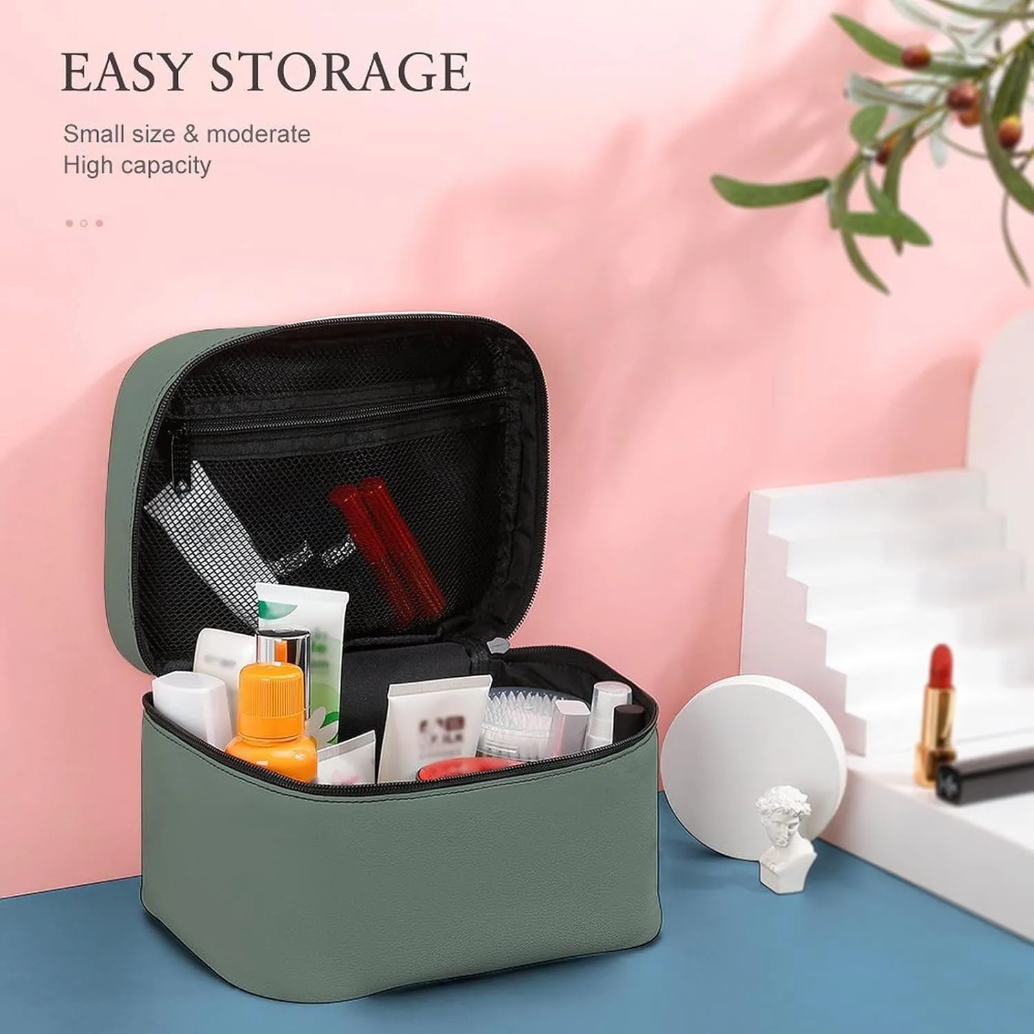 Leather Cosmetic Case, Sage Green Portable Makeup Bag Organizer Large Capacity Travel Toiletry Bag with Zipper