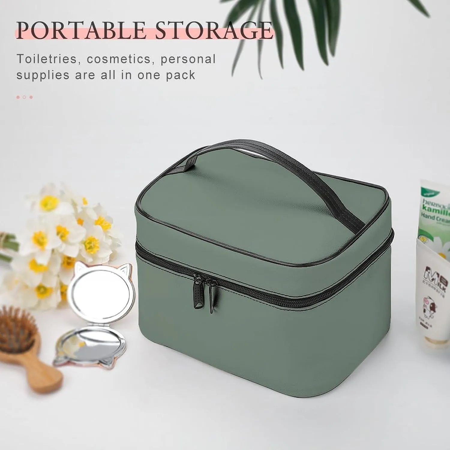 Leather Cosmetic Case, Sage Green Portable Makeup Bag Organizer Large Capacity Travel Toiletry Bag with Zipper