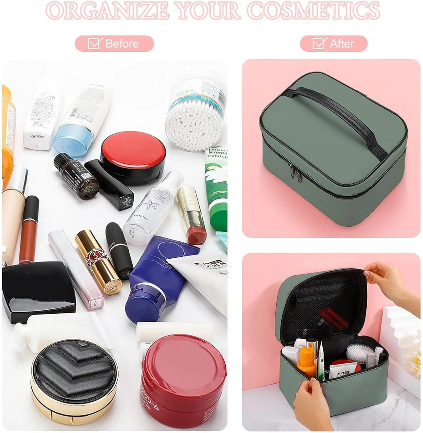 Leather Cosmetic Case, Sage Green Portable Makeup Bag Organizer Large Capacity Travel Toiletry Bag with Zipper