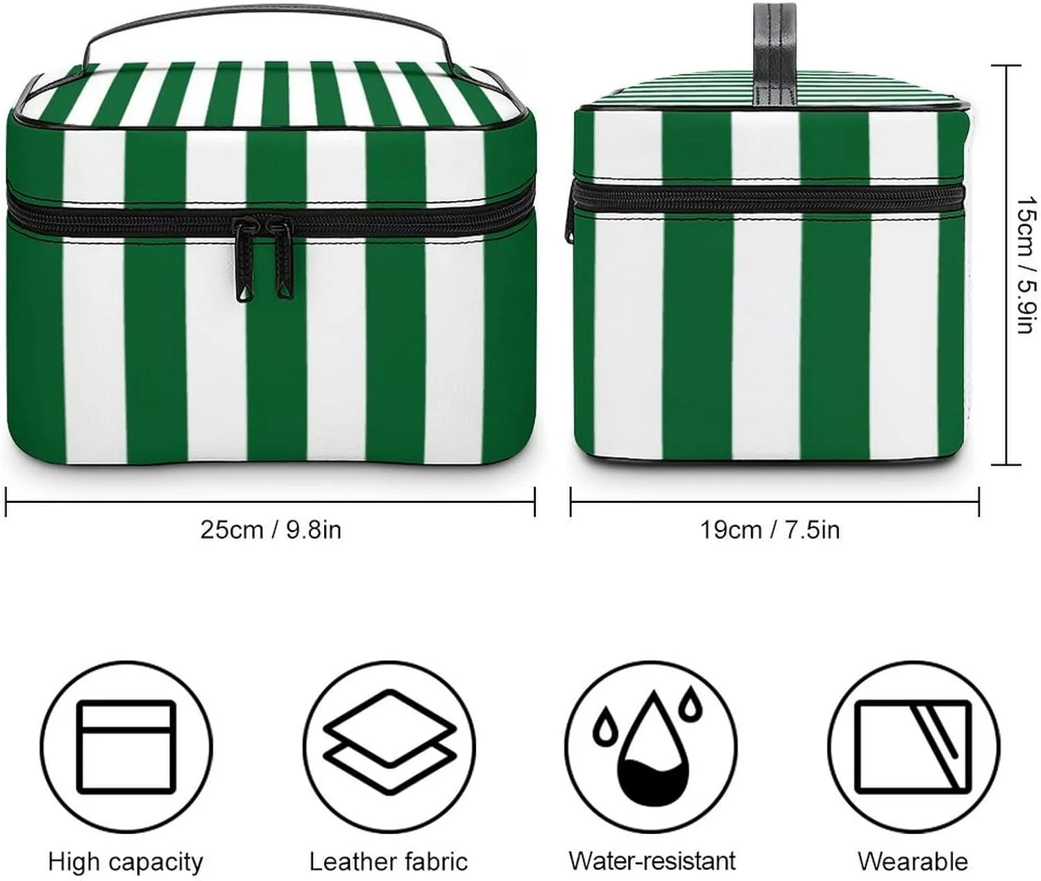 Leather Cosmetic Case, Stripe Green White Portable Makeup Bag Organizer Large Capacity Travel Toiletry Bag with Zipper