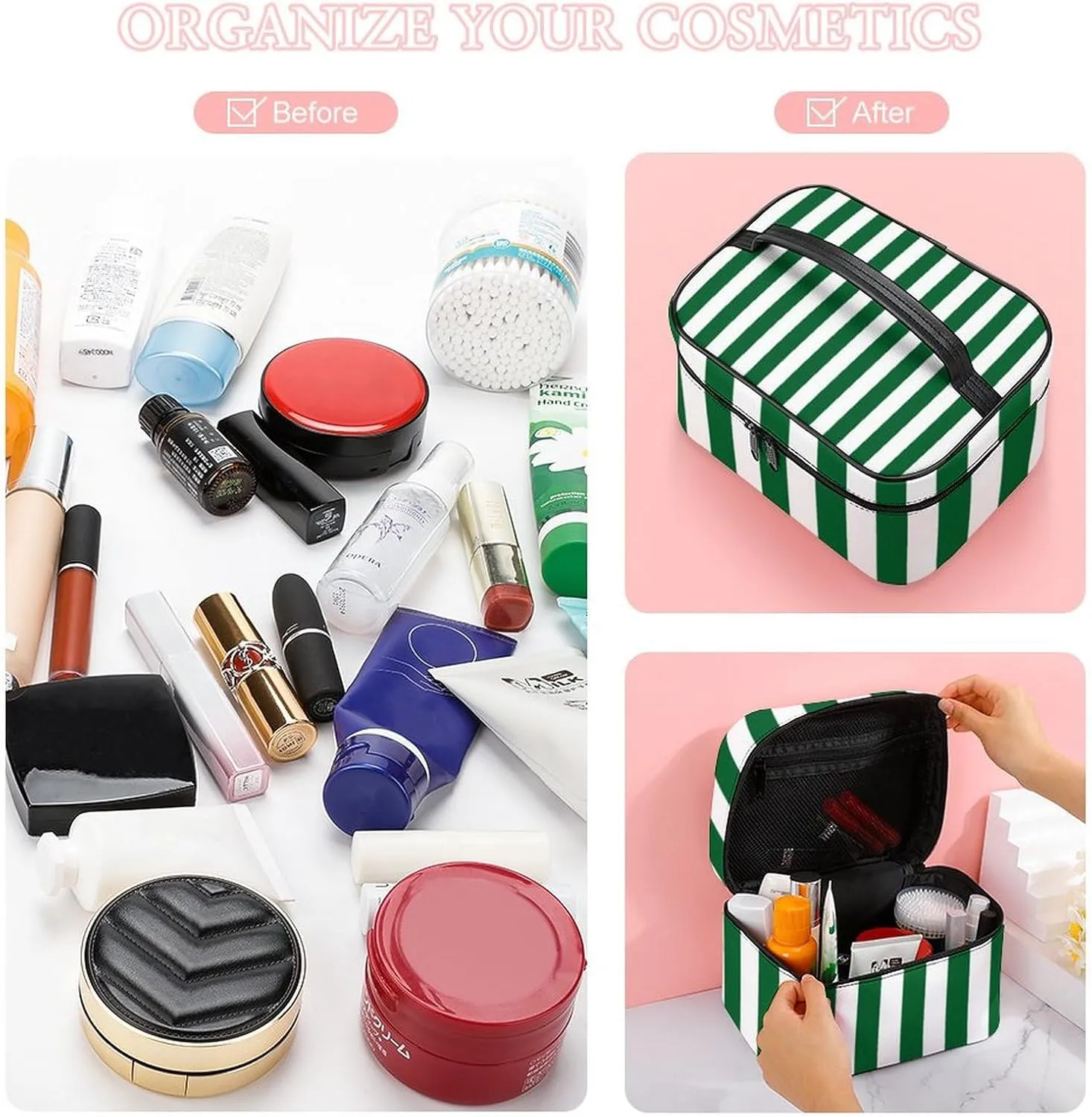 Leather Cosmetic Case, Stripe Green White Portable Makeup Bag Organizer Large Capacity Travel Toiletry Bag with Zipper