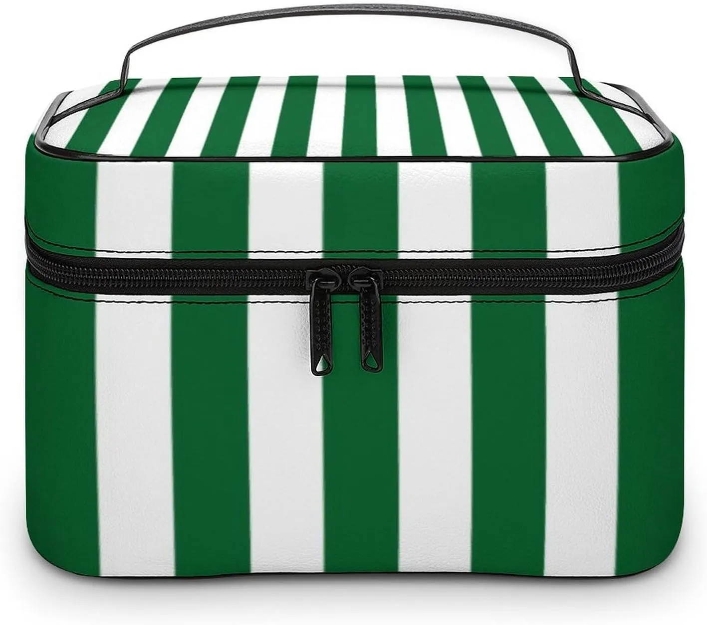 Leather Cosmetic Case, Stripe Green White Portable Makeup Bag Organizer Large Capacity Travel Toiletry Bag with Zipper