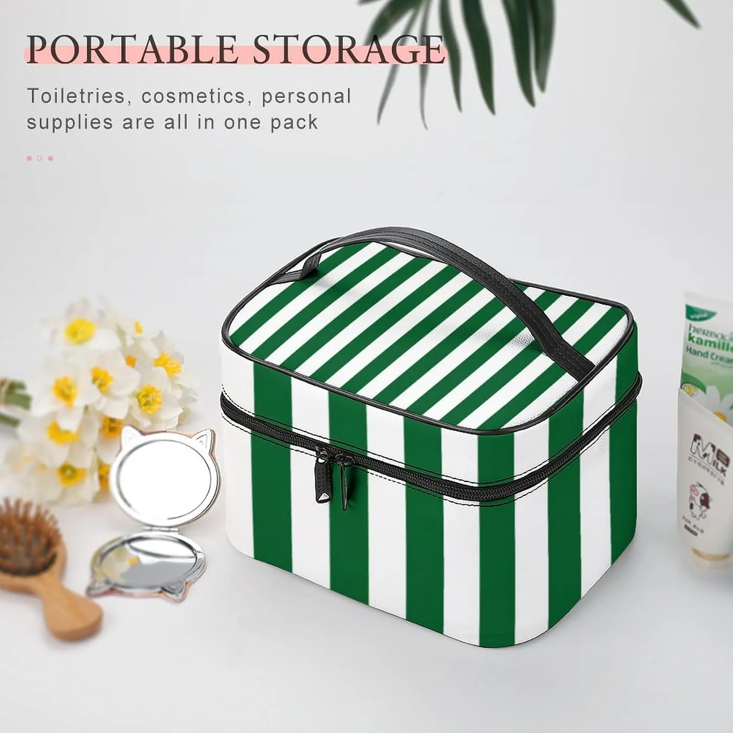 Leather Cosmetic Case, Stripe Green White Portable Makeup Bag Organizer Large Capacity Travel Toiletry Bag with Zipper