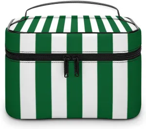 Leather Cosmetic Case, Stripe Green White Portable Makeup Bag Organizer Large Capacity Travel Toiletry Bag with Zipper