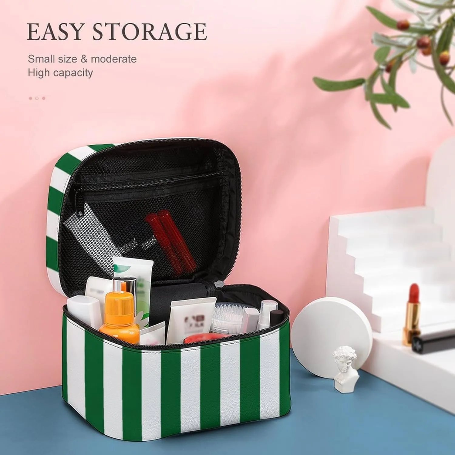 Leather Cosmetic Case, Stripe Green White Portable Makeup Bag Organizer Large Capacity Travel Toiletry Bag with Zipper