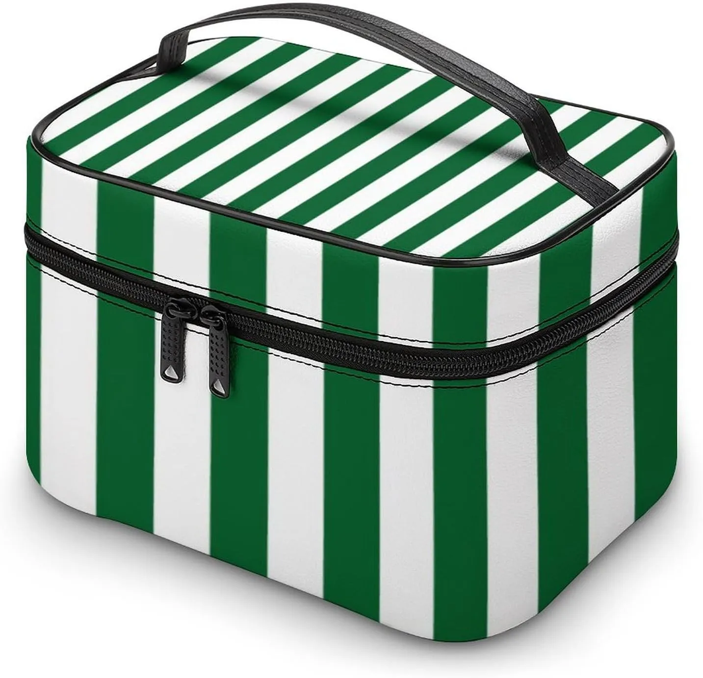 Leather Cosmetic Case, Stripe Green White Portable Makeup Bag Organizer Large Capacity Travel Toiletry Bag with Zipper