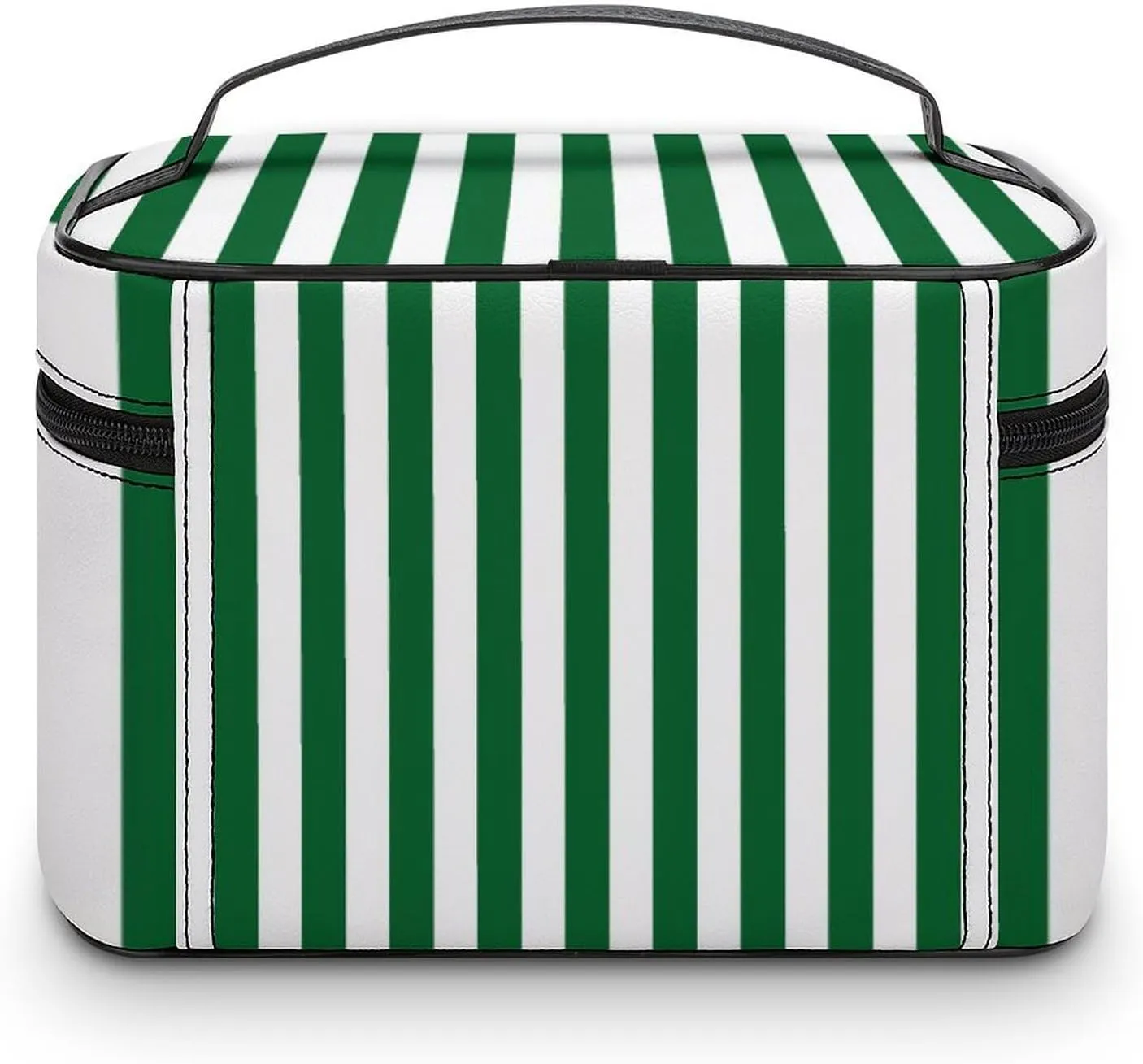 Leather Cosmetic Case, Stripe Green White Portable Makeup Bag Organizer Large Capacity Travel Toiletry Bag with Zipper