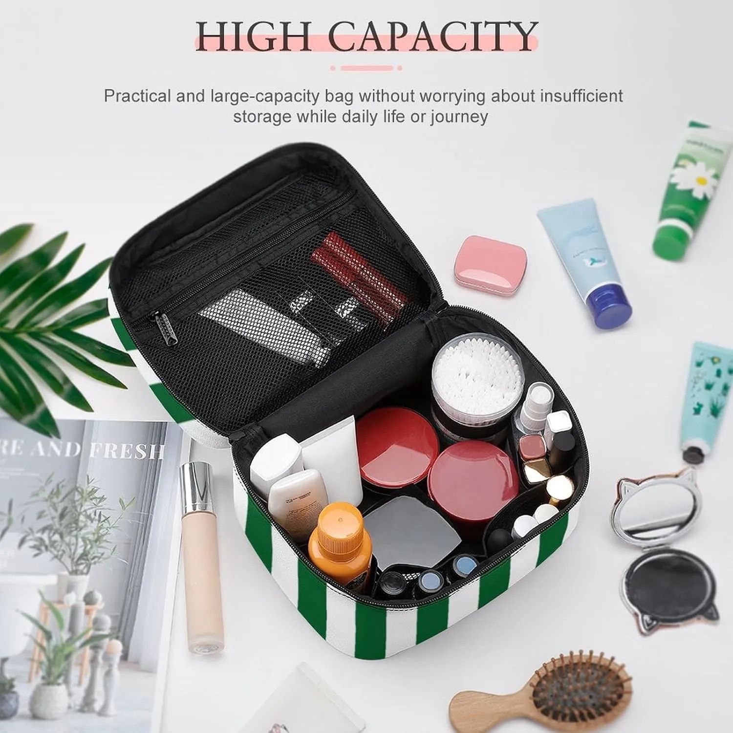Leather Cosmetic Case, Stripe Green White Portable Makeup Bag Organizer Large Capacity Travel Toiletry Bag with Zipper