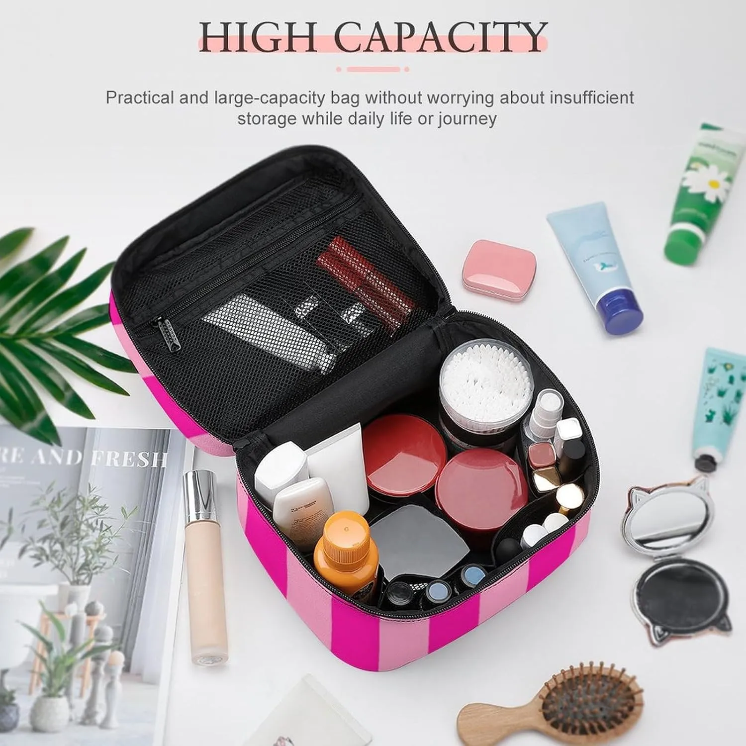 Leather Cosmetic Case, Stripes Hot Pink Portable Makeup Bag Organizer Large Capacity Travel Toiletry Bag with Zipper