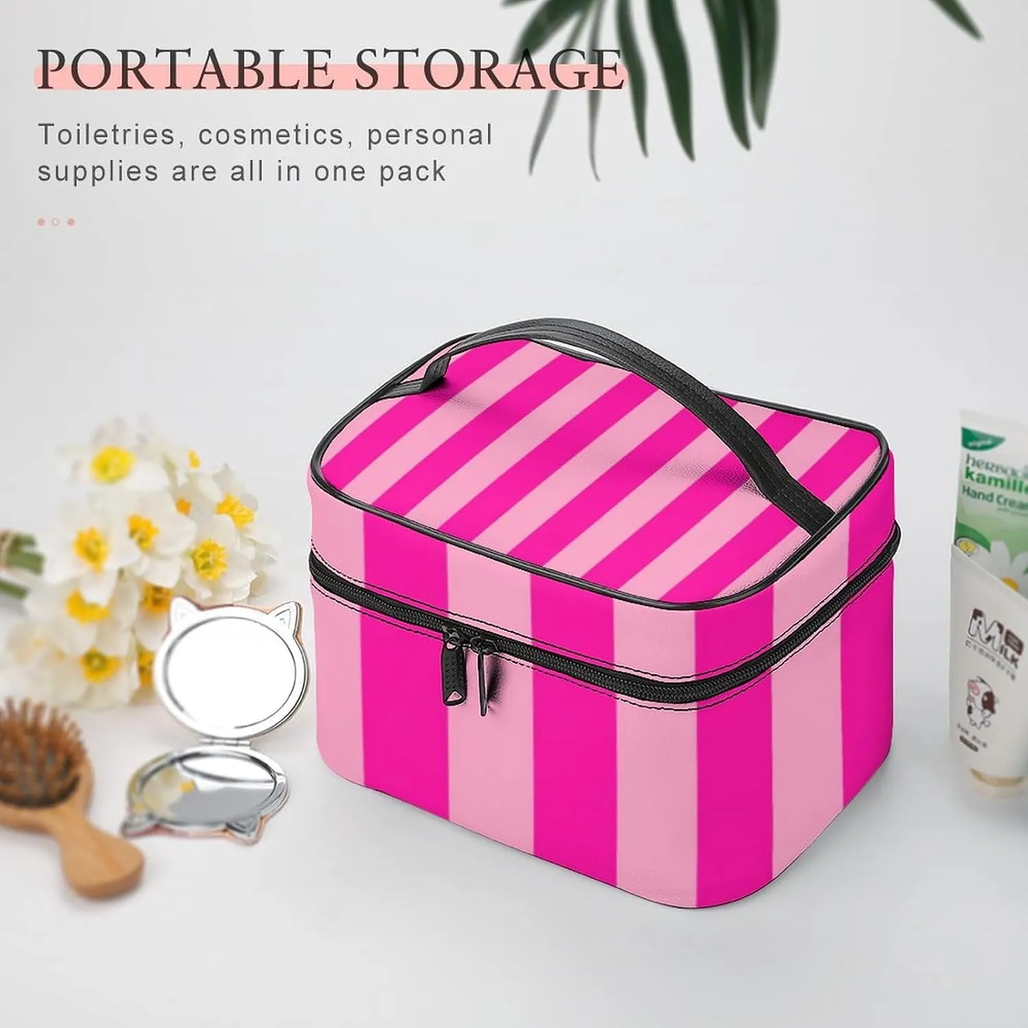 Leather Cosmetic Case, Stripes Hot Pink Portable Makeup Bag Organizer Large Capacity Travel Toiletry Bag with Zipper