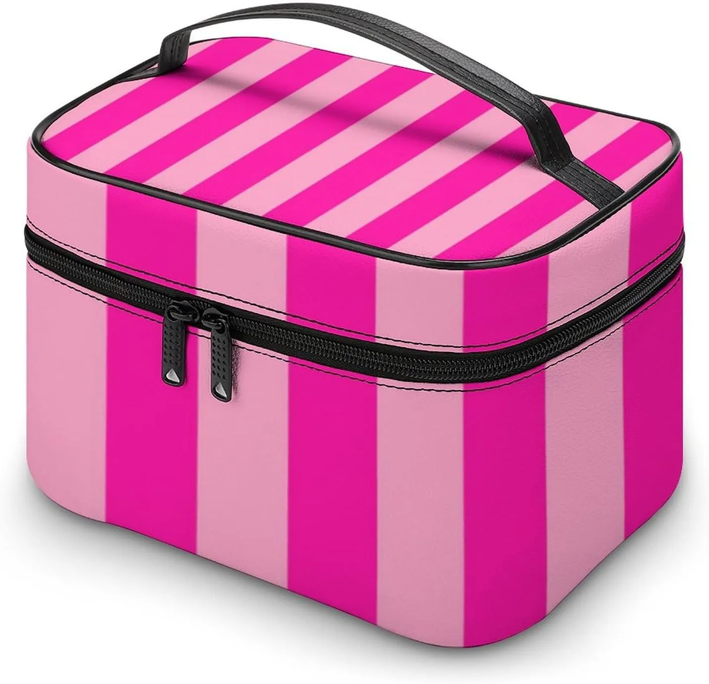 Leather Cosmetic Case, Stripes Hot Pink Portable Makeup Bag Organizer Large Capacity Travel Toiletry Bag with Zipper