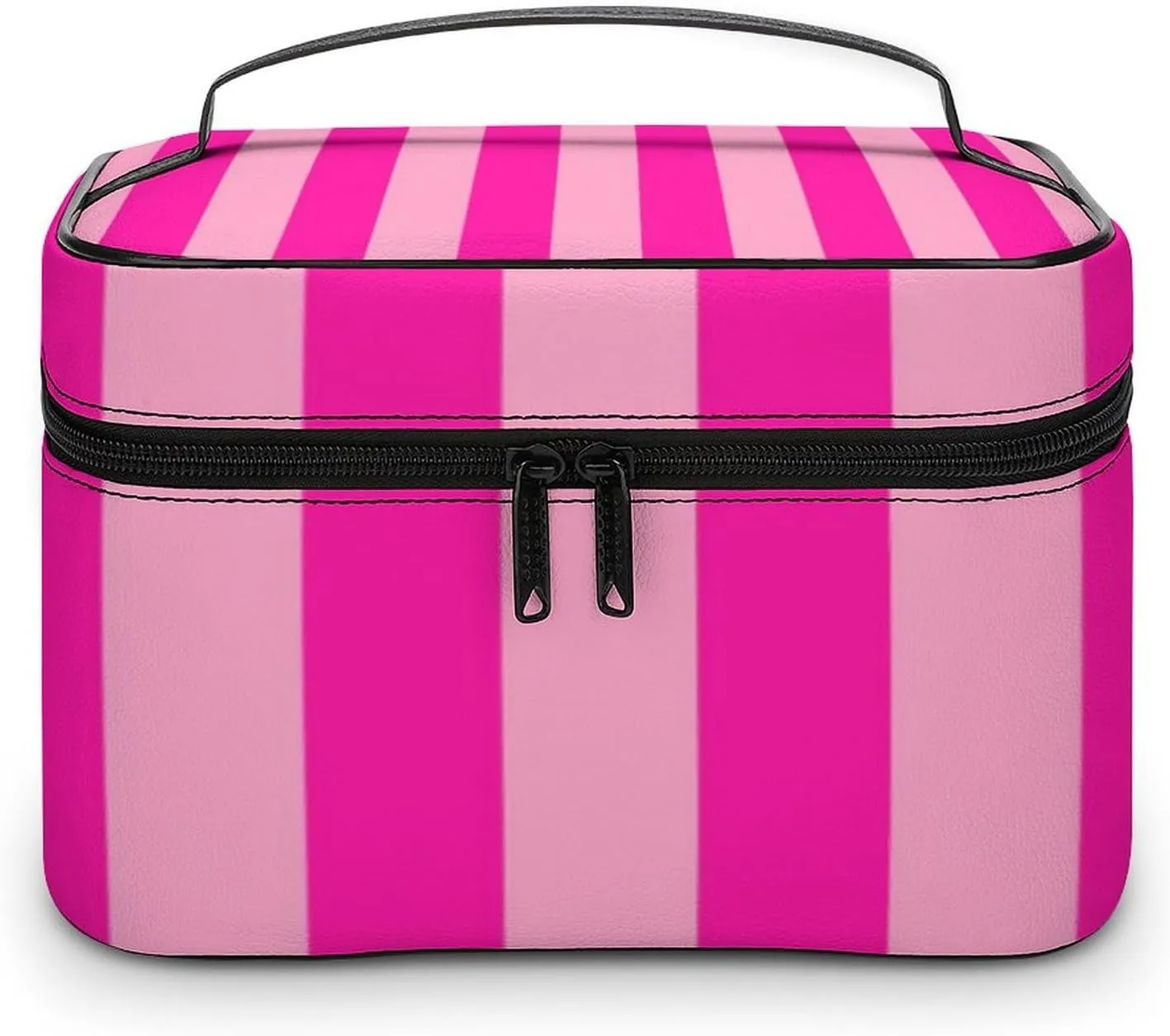 Leather Cosmetic Case, Stripes Hot Pink Portable Makeup Bag Organizer Large Capacity Travel Toiletry Bag with Zipper