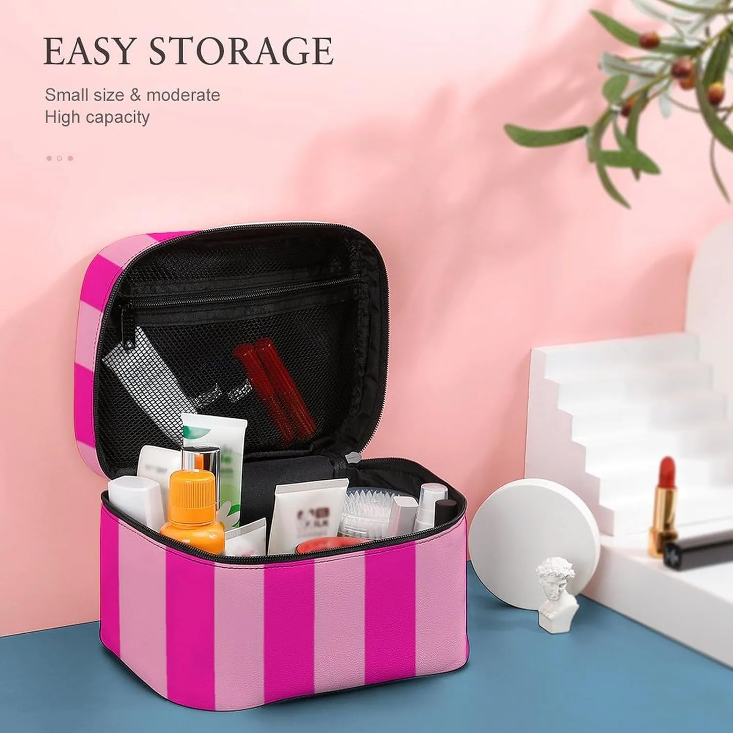 Leather Cosmetic Case, Stripes Hot Pink Portable Makeup Bag Organizer Large Capacity Travel Toiletry Bag with Zipper