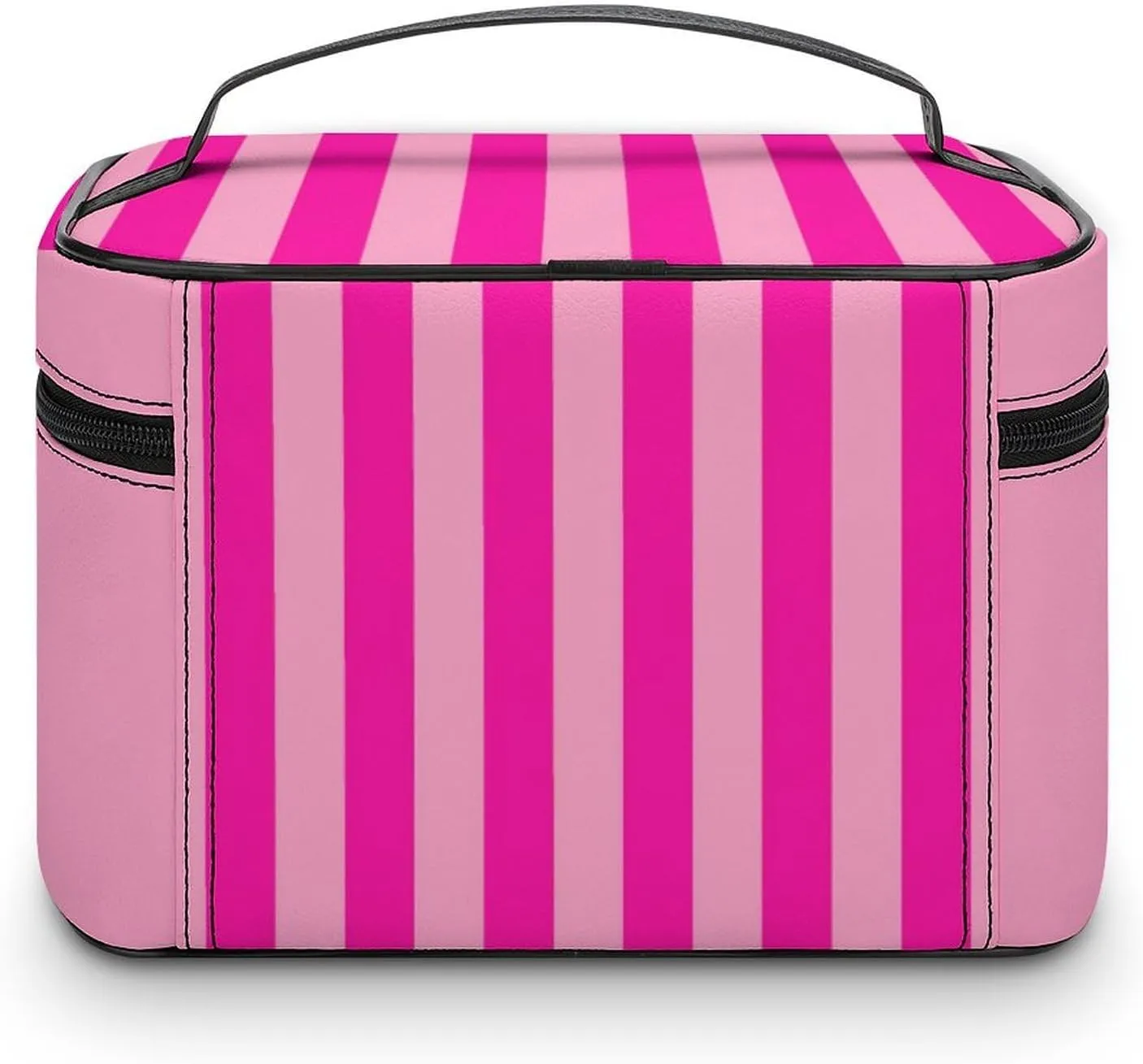 Leather Cosmetic Case, Stripes Hot Pink Portable Makeup Bag Organizer Large Capacity Travel Toiletry Bag with Zipper