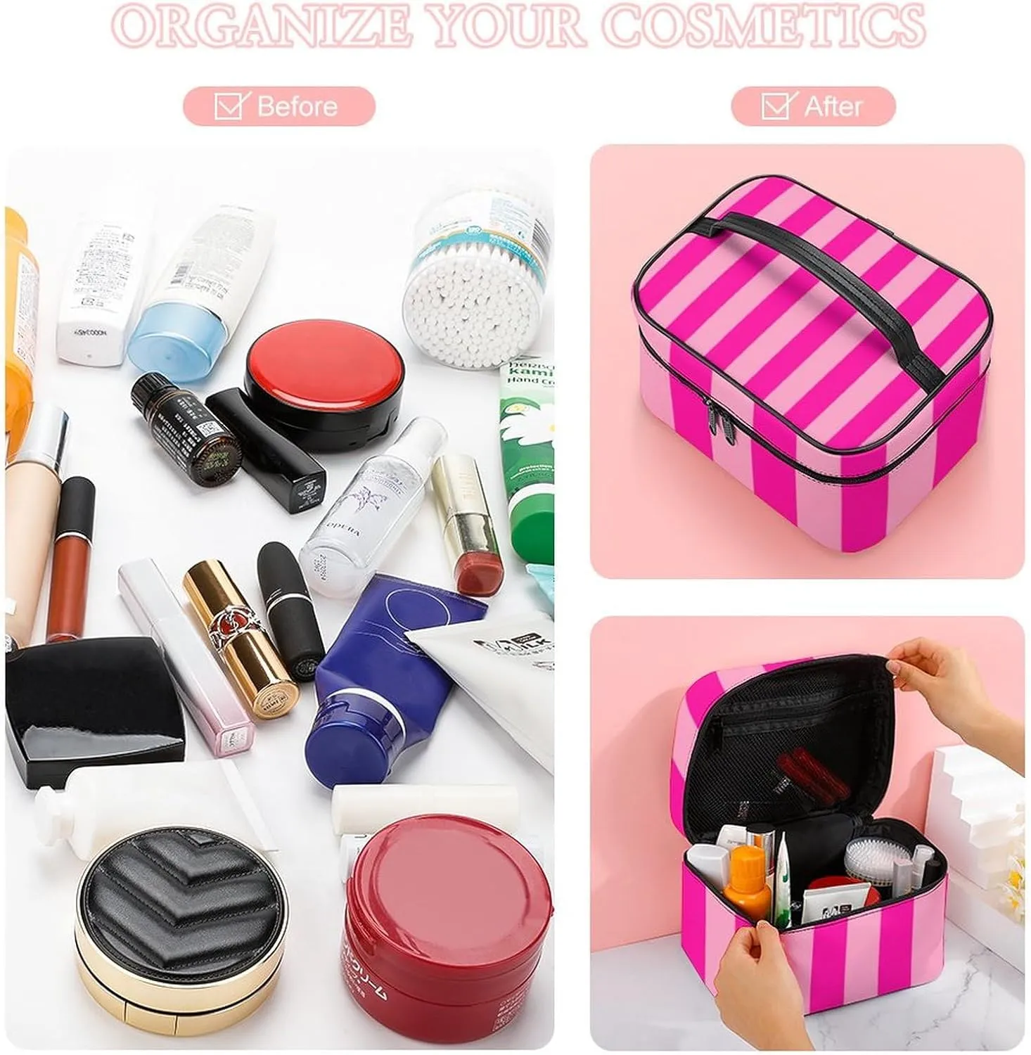 Leather Cosmetic Case, Stripes Hot Pink Portable Makeup Bag Organizer Large Capacity Travel Toiletry Bag with Zipper