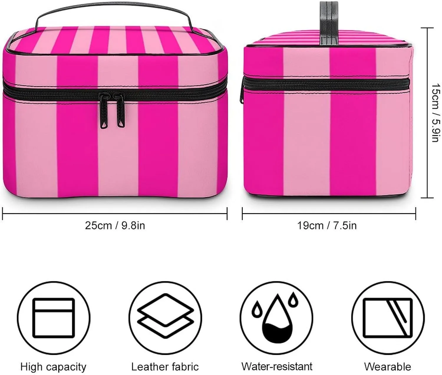Leather Cosmetic Case, Stripes Hot Pink Portable Makeup Bag Organizer Large Capacity Travel Toiletry Bag with Zipper