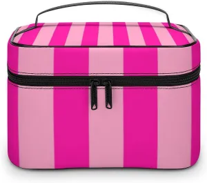 Leather Cosmetic Case, Stripes Hot Pink Portable Makeup Bag Organizer Large Capacity Travel Toiletry Bag with Zipper