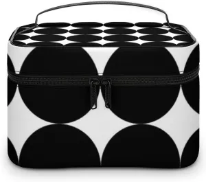 Leather Portable Makeup Bag, Black White Retro Geometric Circle Pattern Cosmetic Bag Makeup Organizer Case Large Capacity Travel Toiletry Bag with Zipper