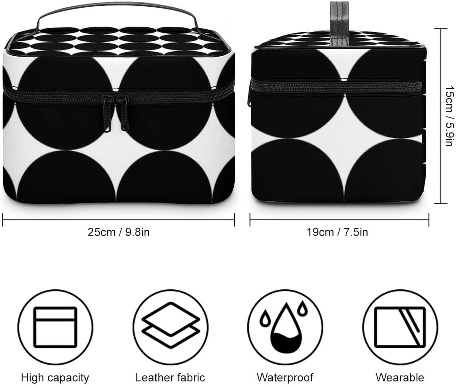 Leather Portable Makeup Bag, Black White Retro Geometric Circle Pattern Cosmetic Bag Makeup Organizer Case Large Capacity Travel Toiletry Bag with Zipper