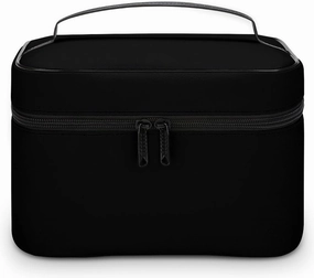Leather Cosmetic Case, Minimalist Black Solid Color Portable Makeup Bag Organizer Large Capacity Travel Toiletry Bag with Zipper