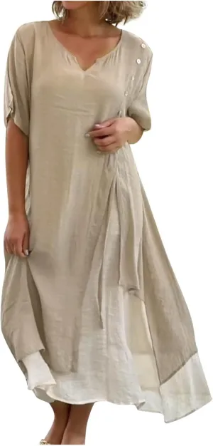 LFEOOST Maxi Dress for Women Summer Short Sleeve V Neck Button Detail Loose Long Dress Irregular Hem Patchwork Flowy Dresses