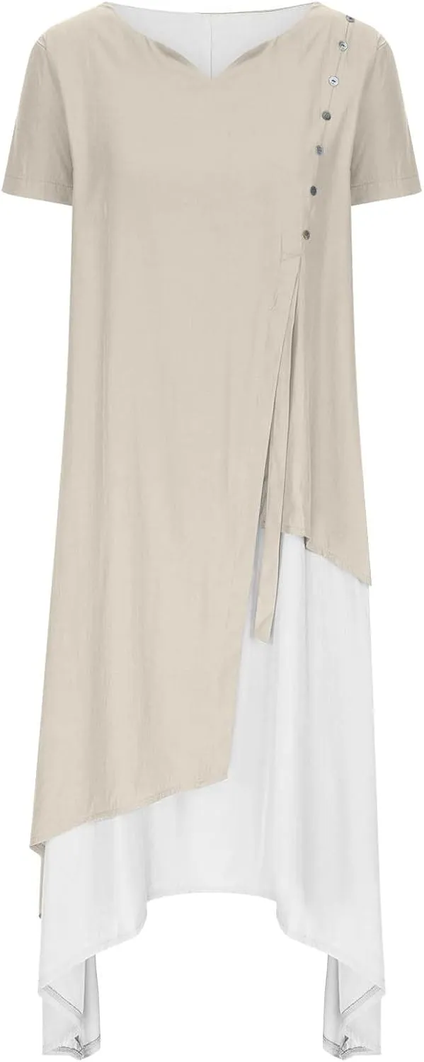 LFEOOST Maxi Dress for Women Summer Short Sleeve V Neck Button Detail Loose Long Dress Irregular Hem Patchwork Flowy Dresses