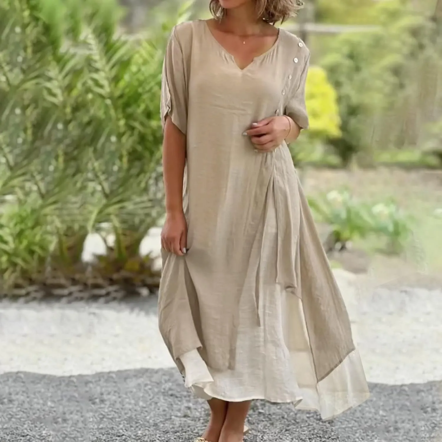 LFEOOST Maxi Dress for Women Summer Short Sleeve V Neck Button Detail Loose Long Dress Irregular Hem Patchwork Flowy Dresses
