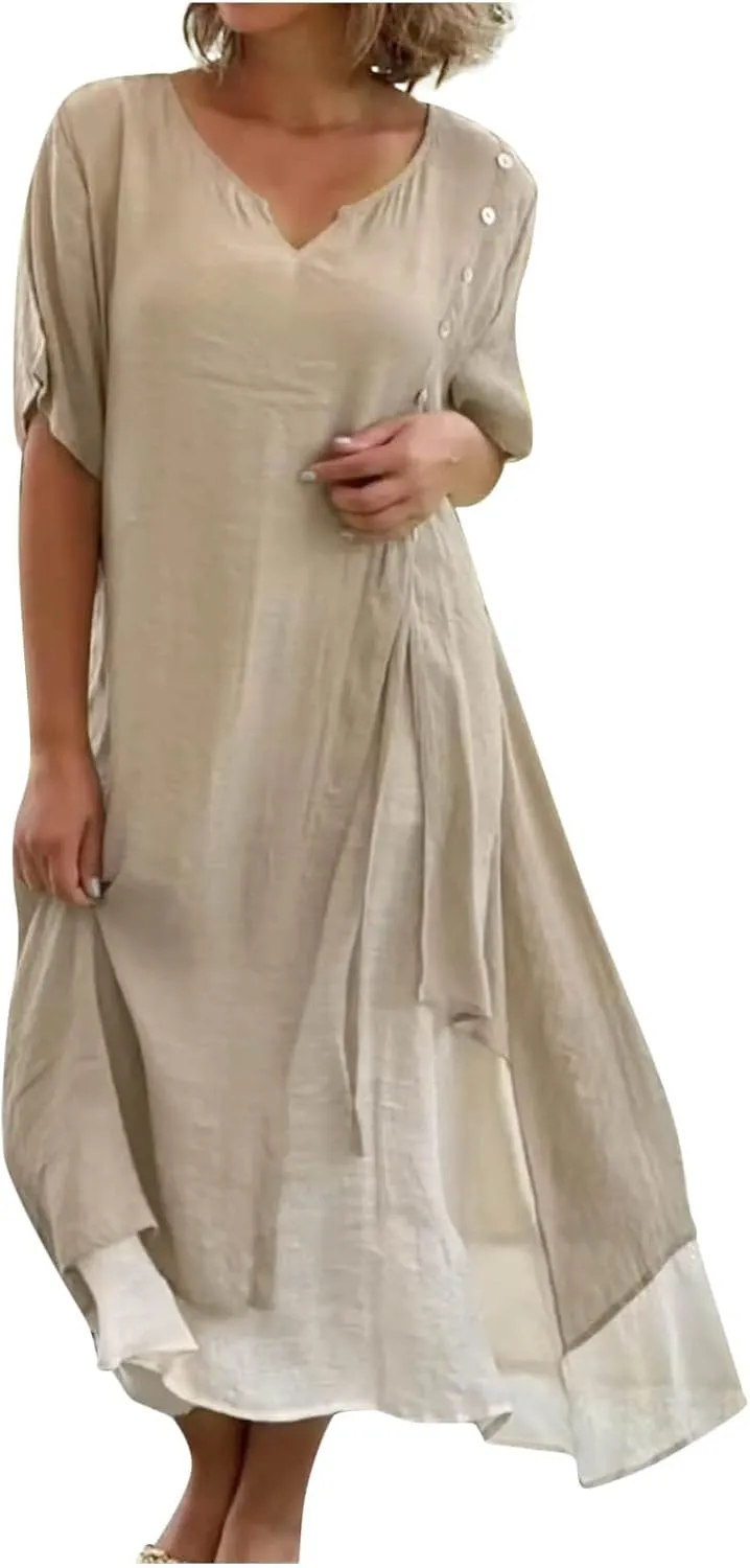 LFEOOST Maxi Dress for Women Summer Short Sleeve V Neck Button Detail Loose Long Dress Irregular Hem Patchwork Flowy Dresses