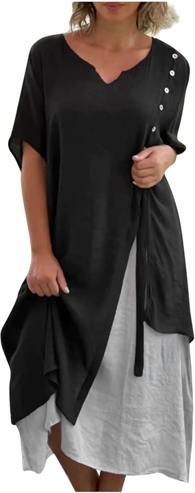LFEOOST Maxi Dress for Women Summer Short Sleeve V Neck Button Detail Loose Long Dress Irregular Hem Patchwork Flowy Dresses