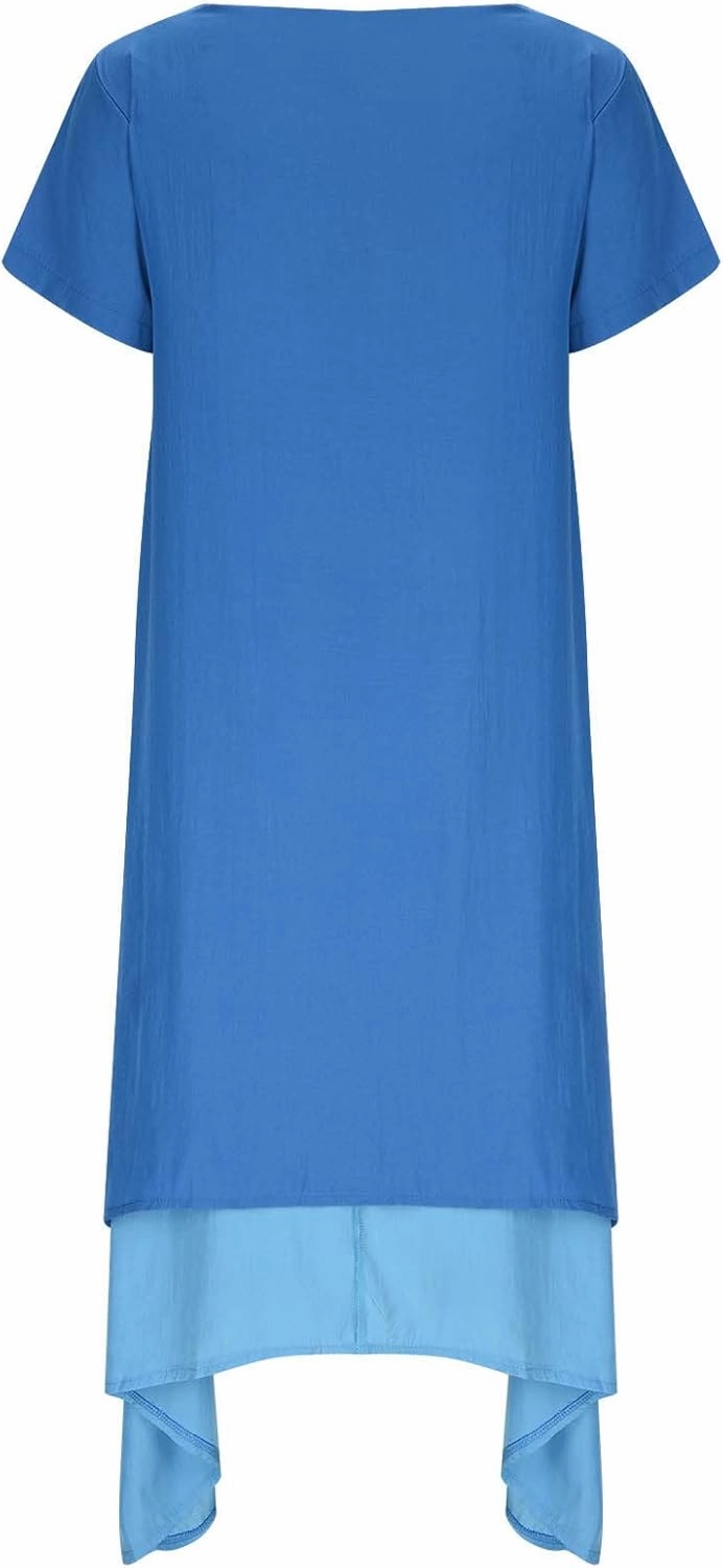 LFEOOST Maxi Dress for Women Summer Short Sleeve V Neck Button Detail Loose Long Dress Irregular Hem Patchwork Flowy Dresses