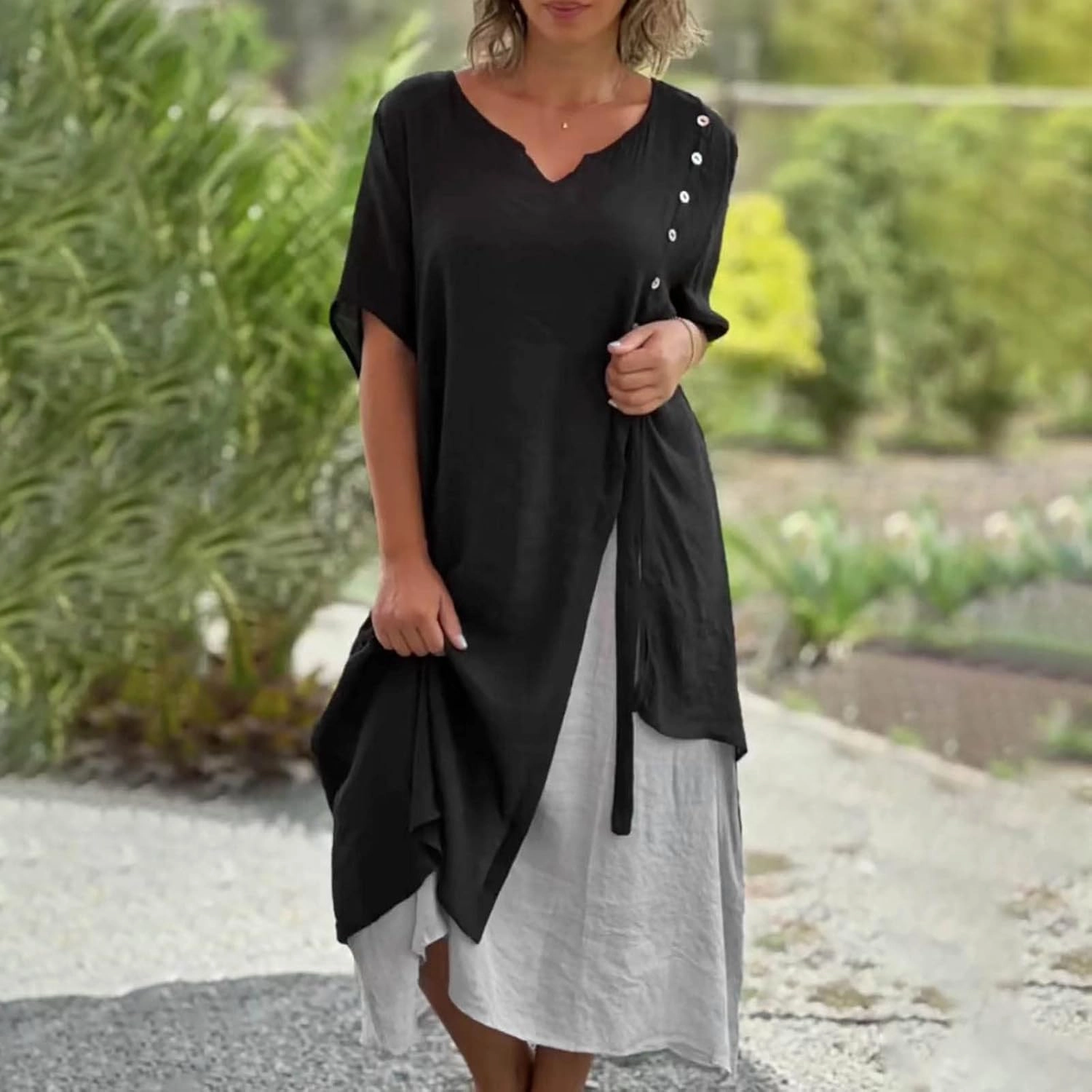 LFEOOST Maxi Dress for Women Summer Short Sleeve V Neck Button Detail Loose Long Dress Irregular Hem Patchwork Flowy Dresses