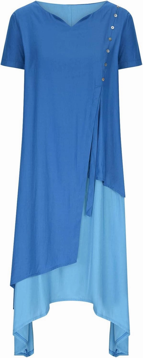 LFEOOST Maxi Dress for Women Summer Short Sleeve V Neck Button Detail Loose Long Dress Irregular Hem Patchwork Flowy Dresses