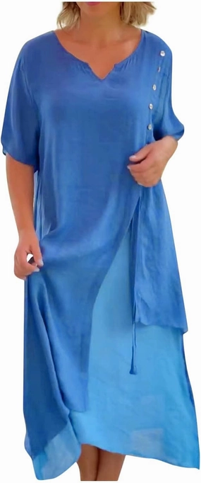 LFEOOST Maxi Dress for Women Summer Short Sleeve V Neck Button Detail Loose Long Dress Irregular Hem Patchwork Flowy Dresses