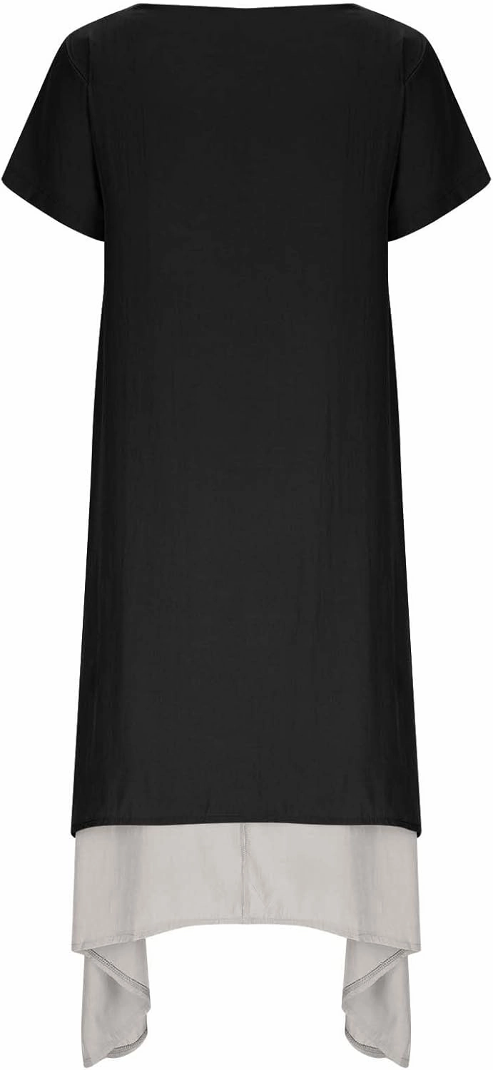 LFEOOST Maxi Dress for Women Summer Short Sleeve V Neck Button Detail Loose Long Dress Irregular Hem Patchwork Flowy Dresses