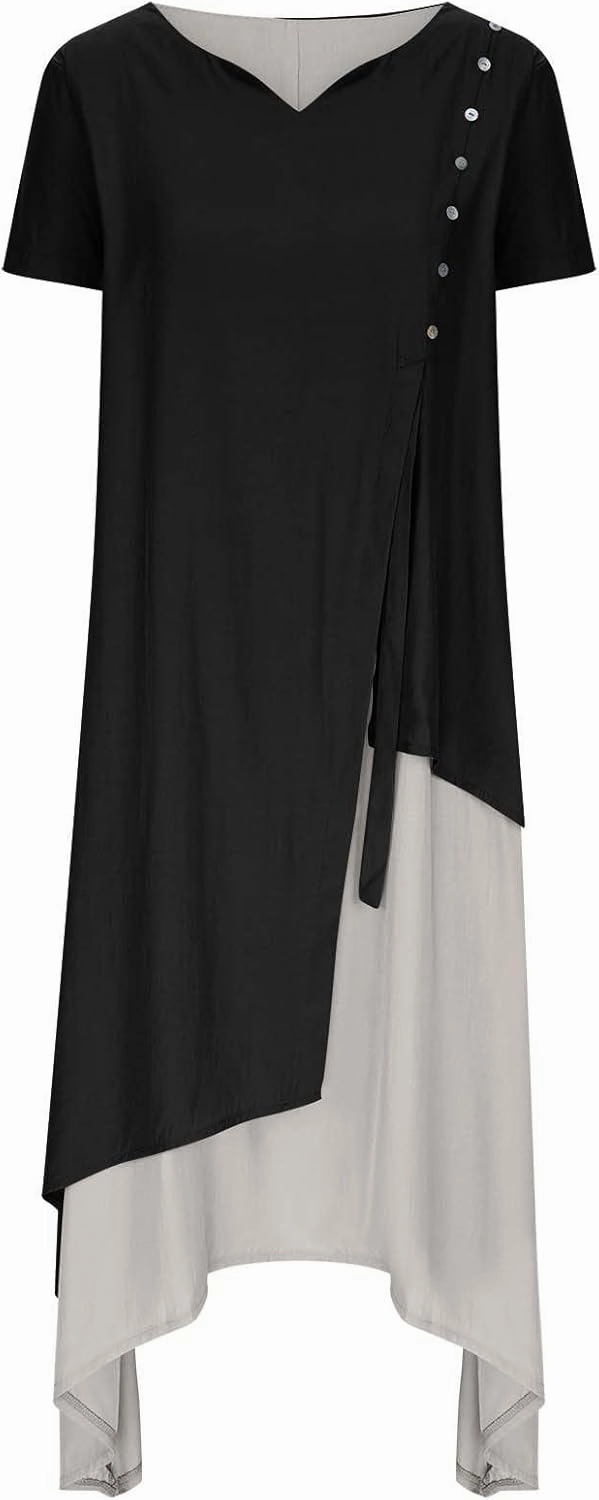 LFEOOST Maxi Dress for Women Summer Short Sleeve V Neck Button Detail Loose Long Dress Irregular Hem Patchwork Flowy Dresses