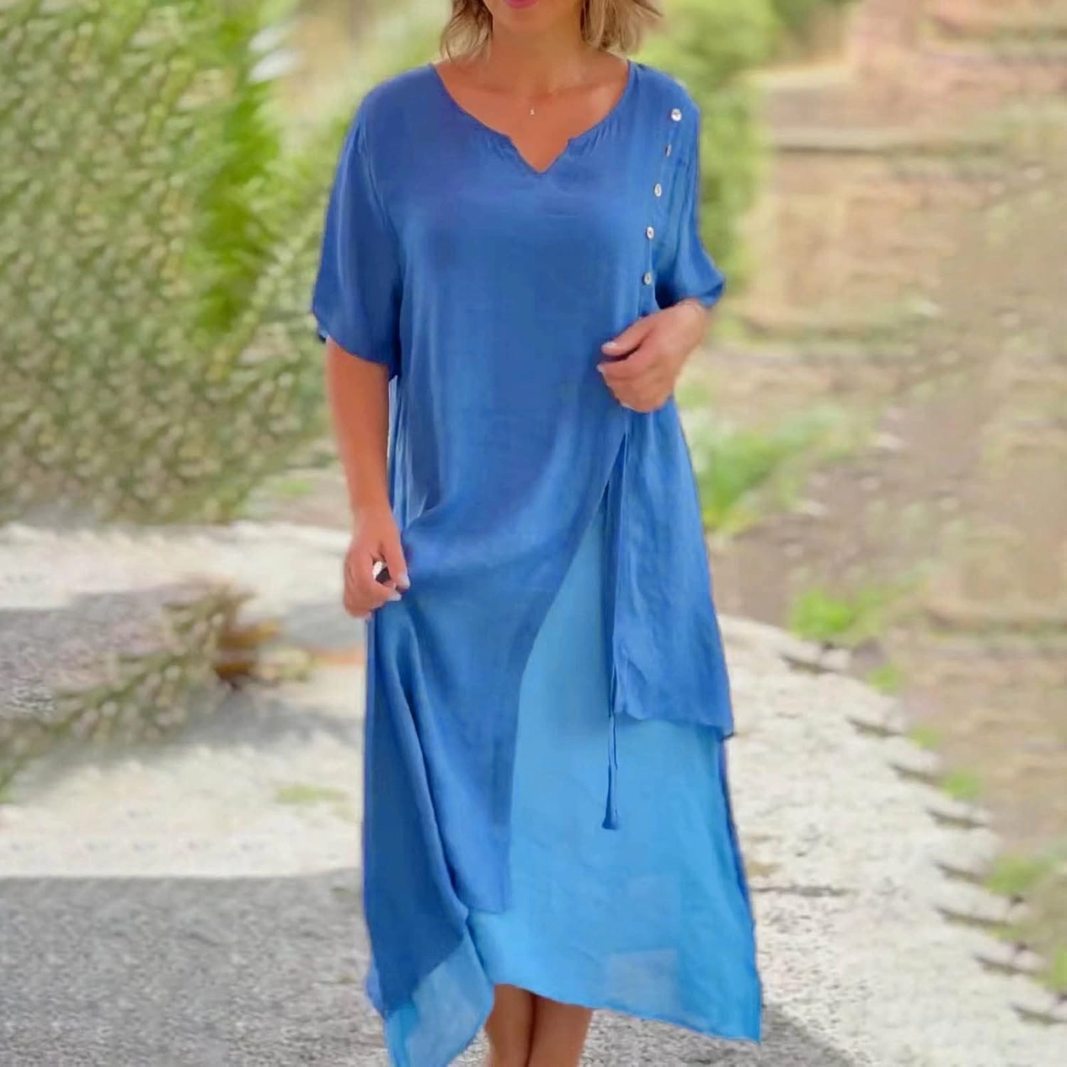 LFEOOST Maxi Dress for Women Summer Short Sleeve V Neck Button Detail Loose Long Dress Irregular Hem Patchwork Flowy Dresses