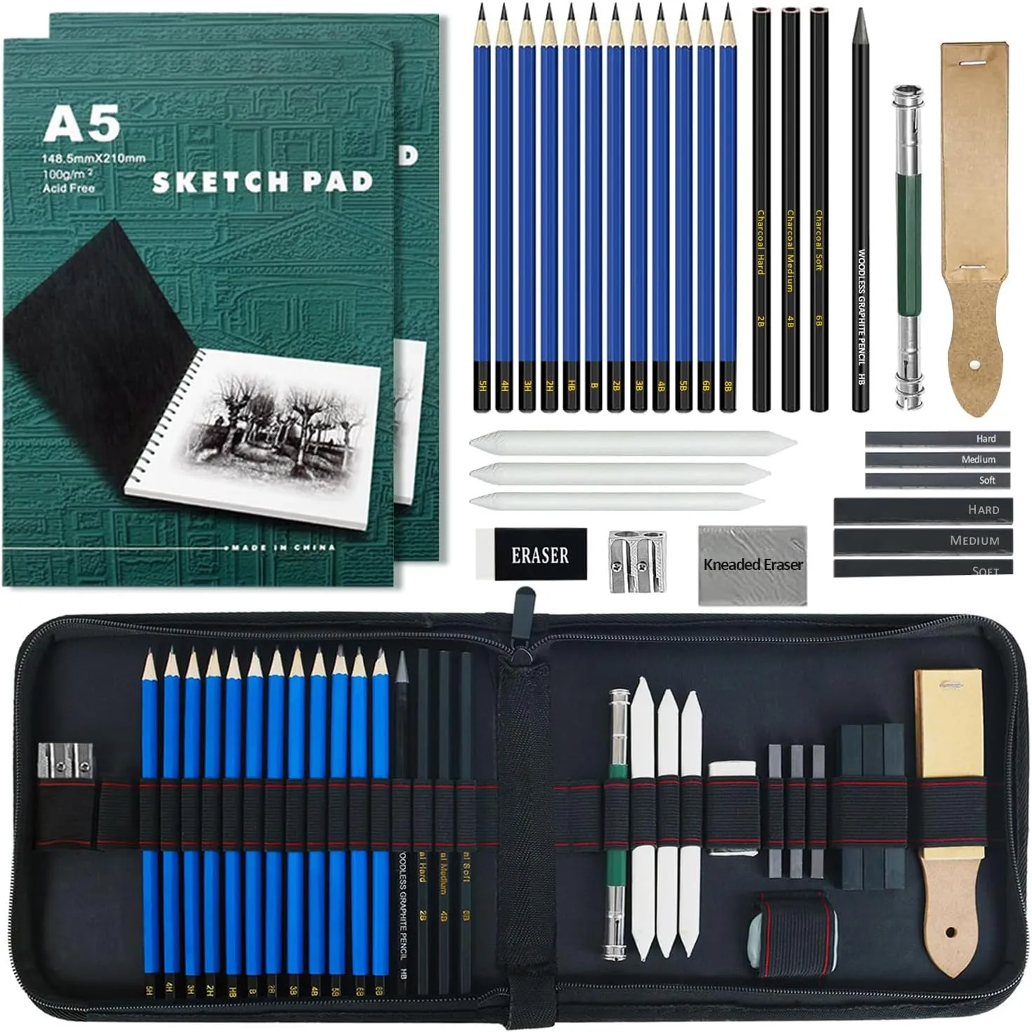 LUCYCAZ Drawing Set - Sketching Kit, 55pcs Art Supplies for Adults with Sketching, Graphite and Charcoal Pencils, Drawing Supplies Art Kit with Sketchpad for Artist and Beginners