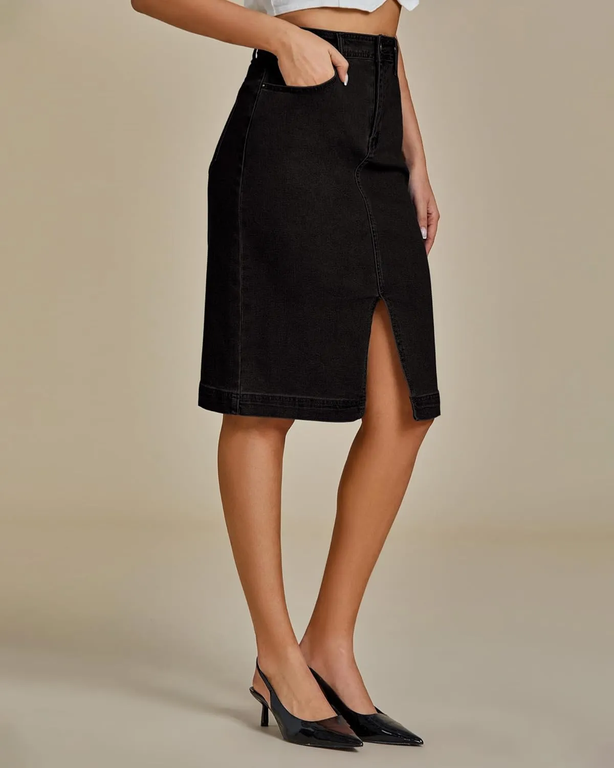luvamia Jean Skirts for Women Denim Trendy Summer Casual Stretchy High Waisted Midi Below Knee Pencil Skirt with Slit