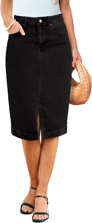 luvamia Jean Skirts for Women Denim Trendy Summer Casual Stretchy High Waisted Midi Below Knee Pencil Skirt with Slit