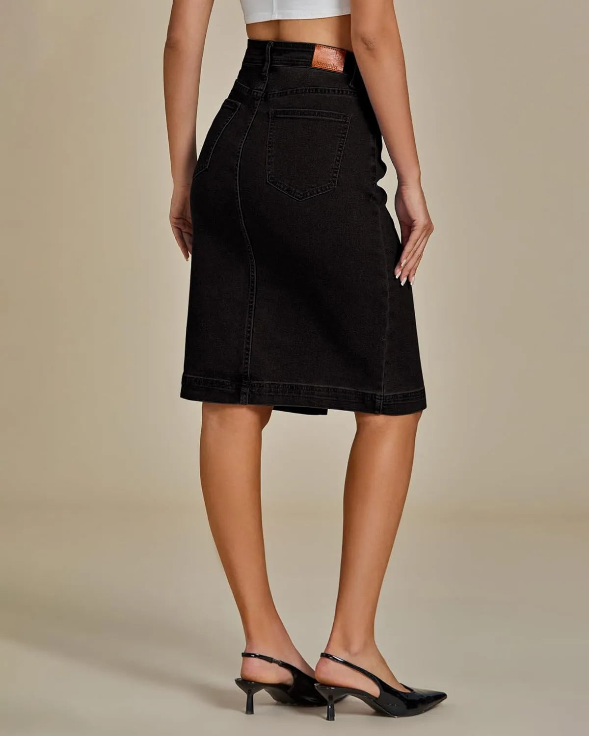 luvamia Jean Skirts for Women Denim Trendy Summer Casual Stretchy High Waisted Midi Below Knee Pencil Skirt with Slit