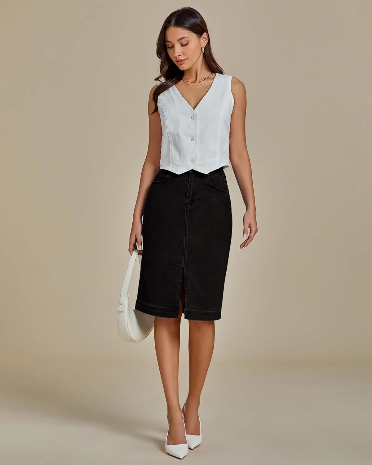 luvamia Jean Skirts for Women Denim Trendy Summer Casual Stretchy High Waisted Midi Below Knee Pencil Skirt with Slit