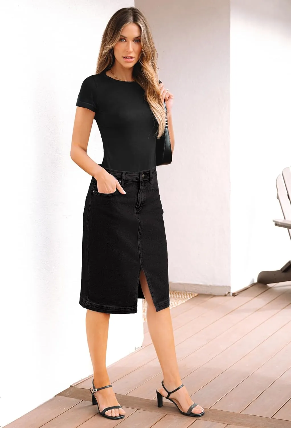 luvamia Jean Skirts for Women Denim Trendy Summer Casual Stretchy High Waisted Midi Below Knee Pencil Skirt with Slit
