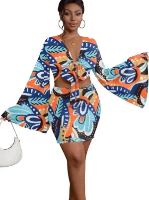 LYANER Women's 2 Piece Outfits Tie Knot Front Bell Long Sleeve Crop Top and Mini Skirt Set