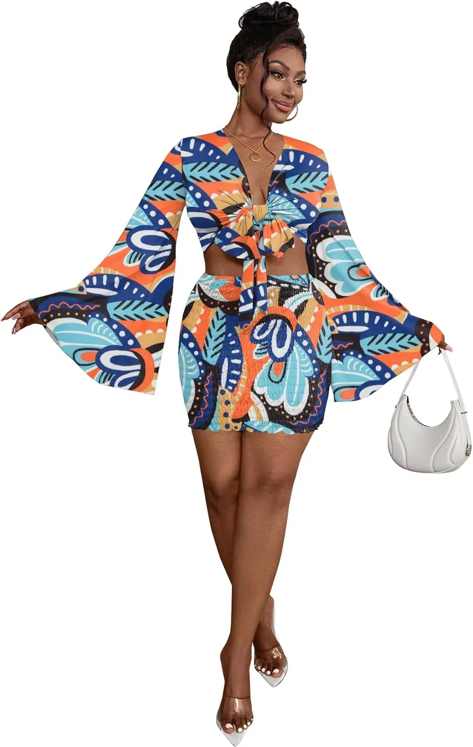 LYANER Women's 2 Piece Outfits Tie Knot Front Bell Long Sleeve Crop Top and Mini Skirt Set