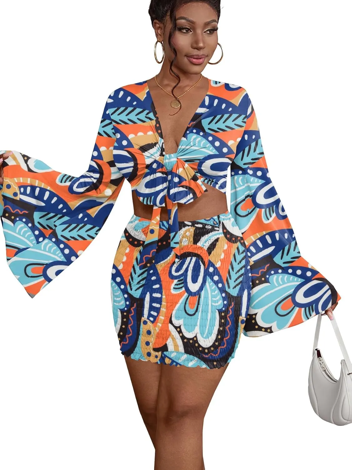 LYANER Women's 2 Piece Outfits Tie Knot Front Bell Long Sleeve Crop Top and Mini Skirt Set
